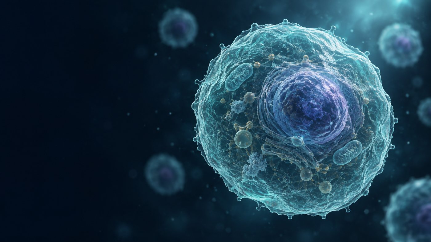 A single cell with a clear nucleus and internal structures