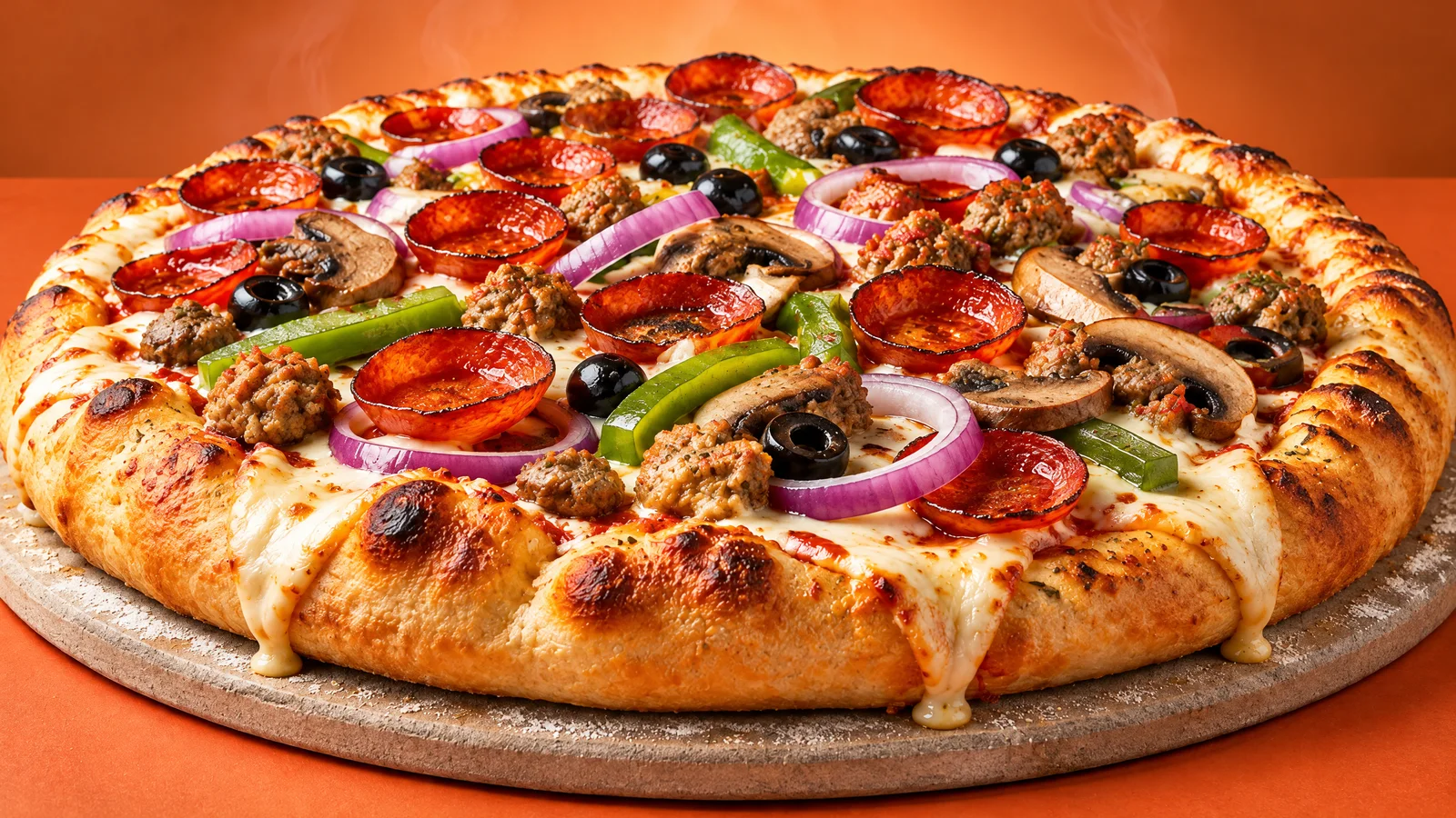 The Stoneside Deluxe pizza on a baking stone