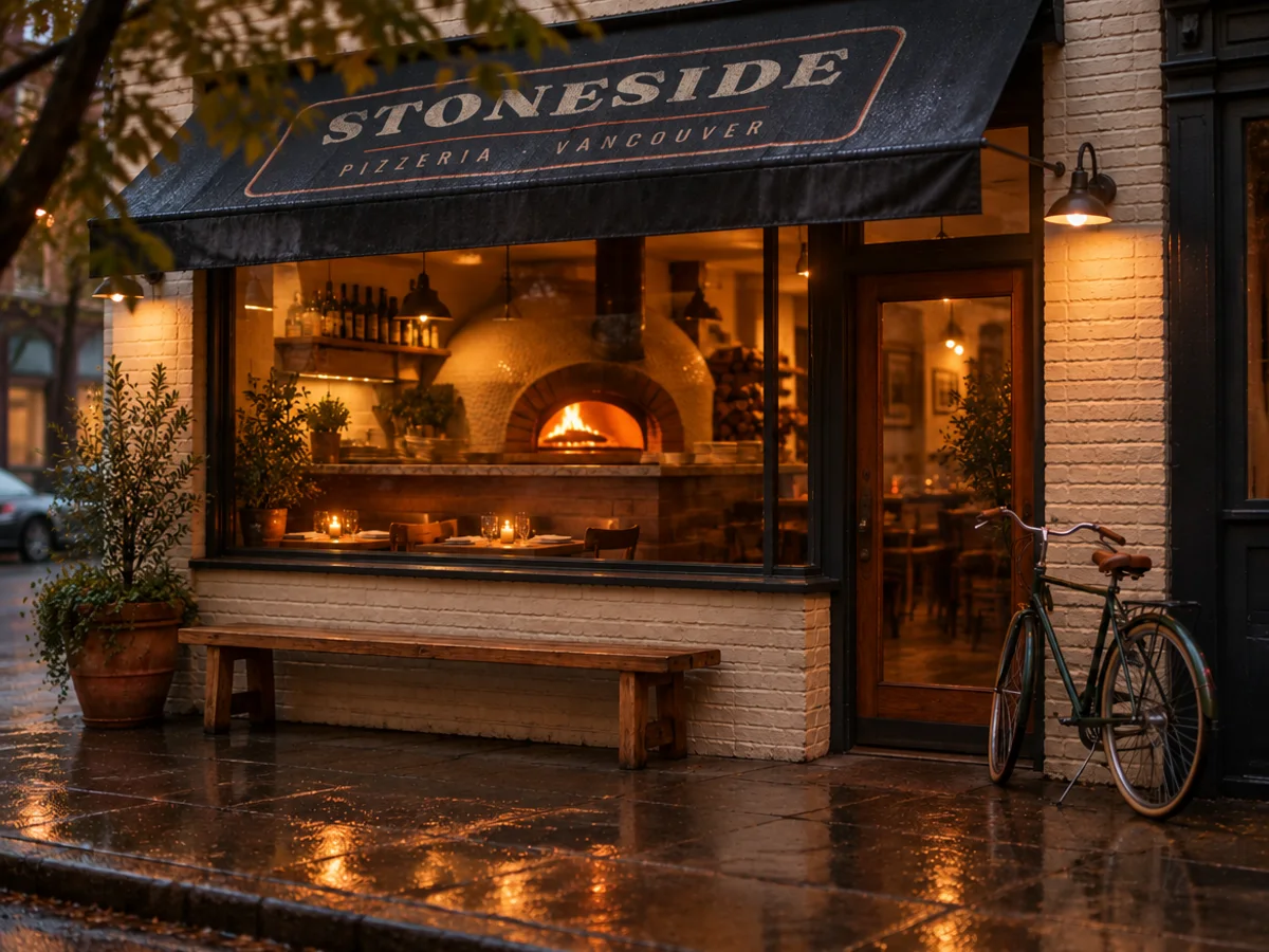 The Stoneside Pizzeria storefront in the evening