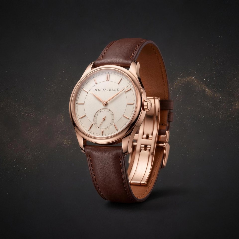 Merovelle Meridian rose gold dress watch with an ivory dial and small seconds