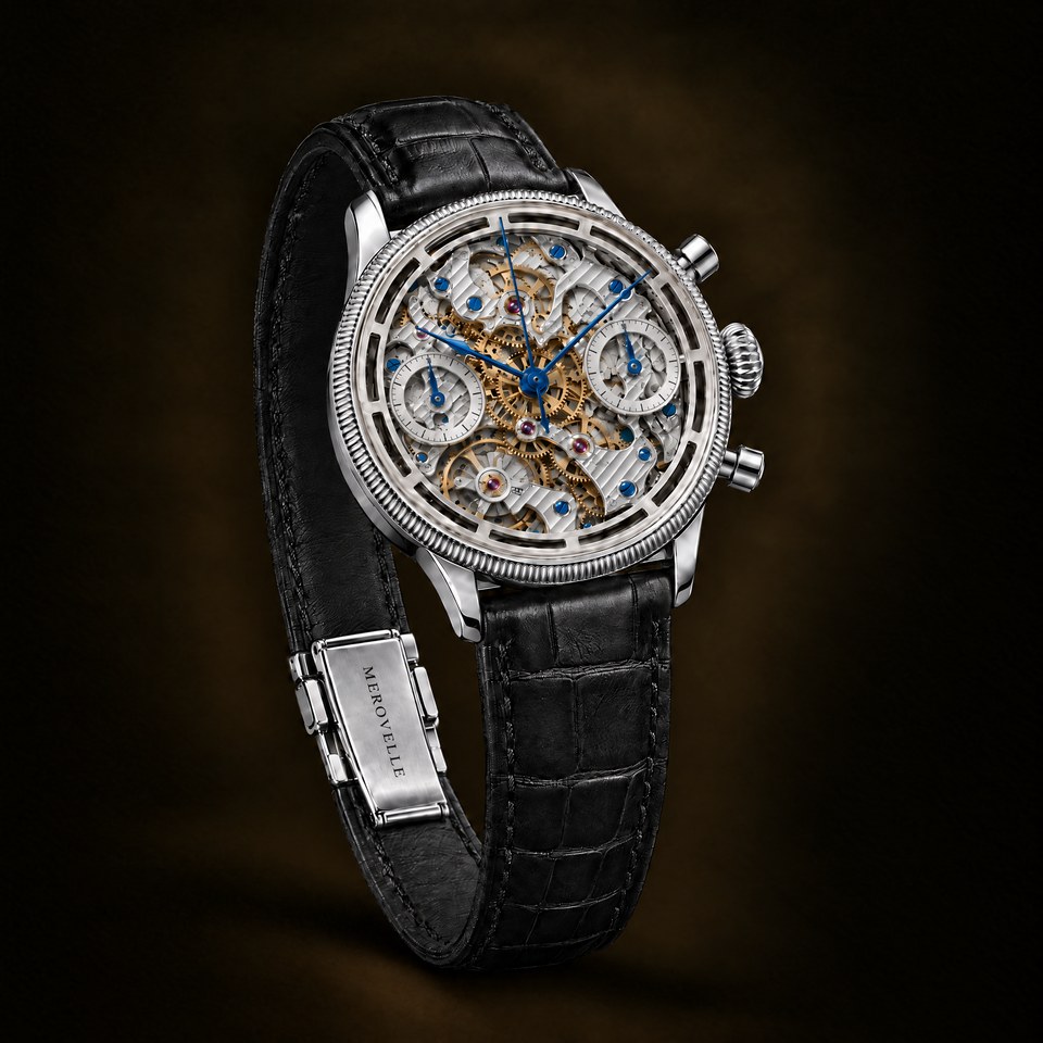 Merovelle Navigator steel skeleton chronograph with Geneva striped bridges on a black alligator strap