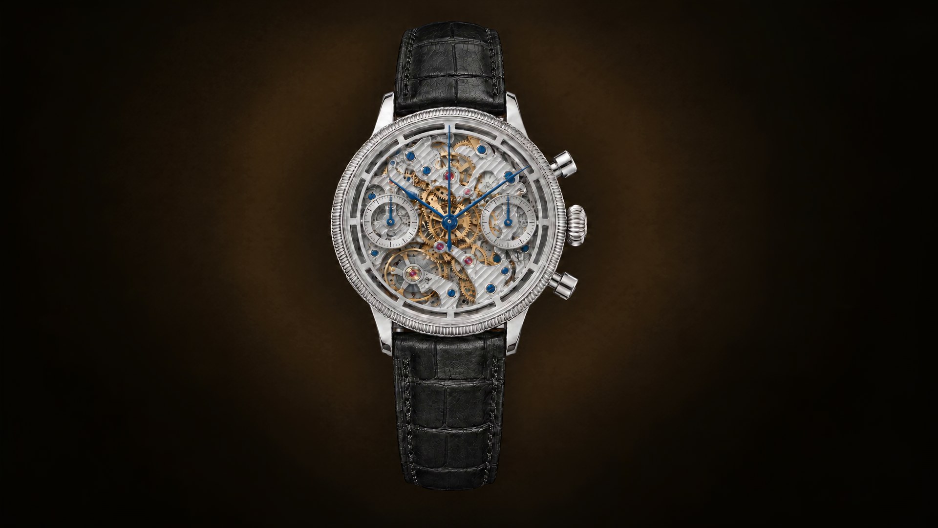 Merovelle Navigator skeleton chronograph floating in a dark studio