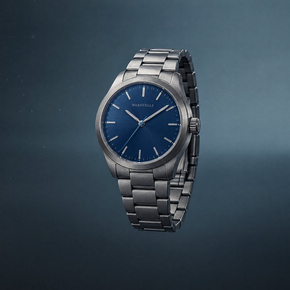 Merovelle Northwind steel GMT watch with a deep blue sunburst dial