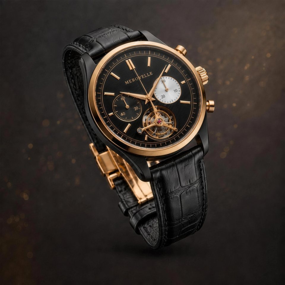 Merovelle Sovereign with black lacquer dial, gold case and exposed gold tourbillon